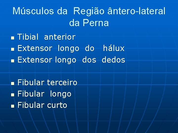 Músculos da Região ântero-lateral da Perna n n n Tibial anterior Extensor longo do