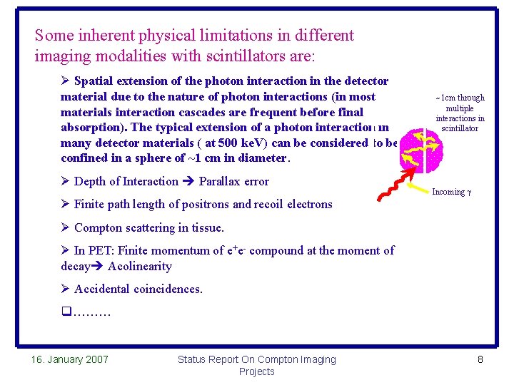 Some inherent physical limitations in different imaging modalities with scintillators are: Ø Spatial extension