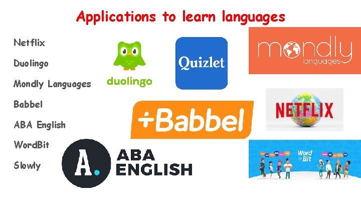 Applications to learn languages Netflix Duolingo Mondly Languages Babbel ABA English Word. Bit Slowly