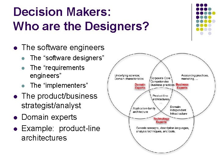 Decision Makers: Who are the Designers? l The software engineers l l l The