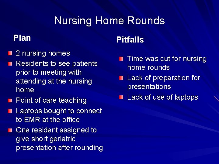 Nursing Home Rounds Plan 2 nursing homes Residents to see patients prior to meeting