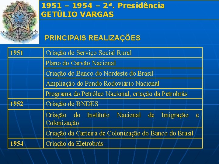 1951 – 1954 – 2ª. Presidência GETÚLIO VARGAS PRINCIPAIS REALIZAÇÕES 1951 Criação do Serviço