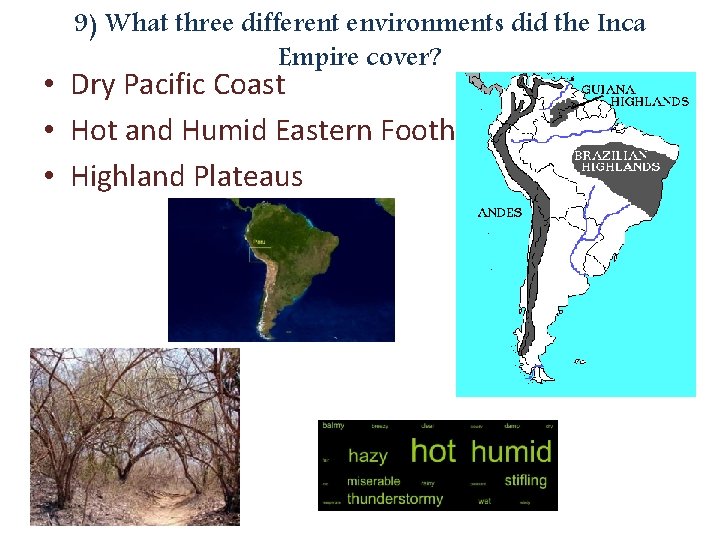 9) What three different environments did the Inca Empire cover? • Dry Pacific Coast