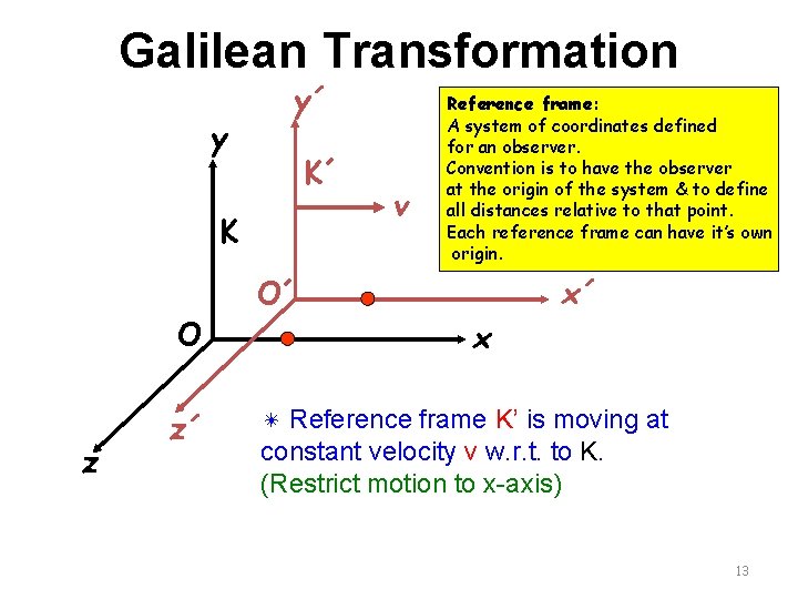 Galilean Transformation y y´ K´ K O z z´ v Reference frame: A system