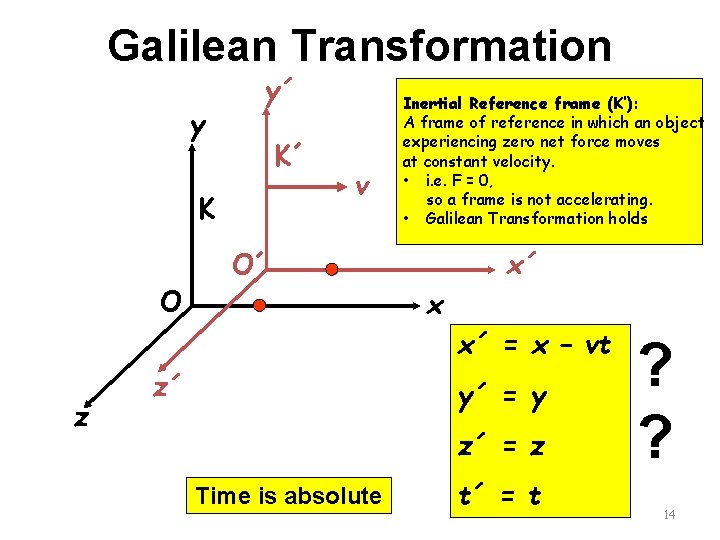 Galilean Transformation y y´ K´ K O v Inertial Reference frame (K’): A frame