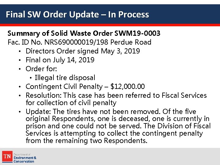 Final SW Order Update – In Process Summary of Solid Waste Order SWM 19