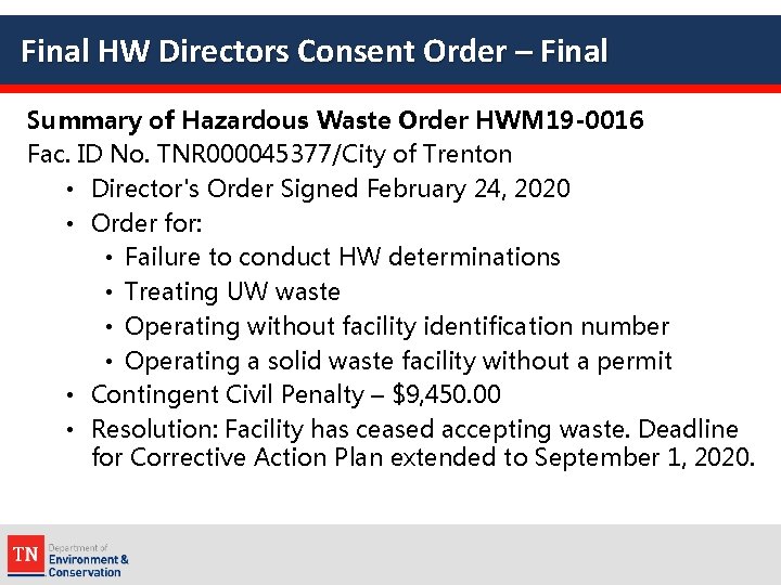 Final HW Directors Consent Order – Final Summary of Hazardous Waste Order HWM 19