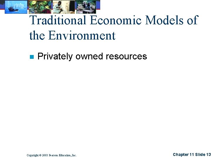 Traditional Economic Models of the Environment n Privately owned resources Copyright © 2003 Pearson