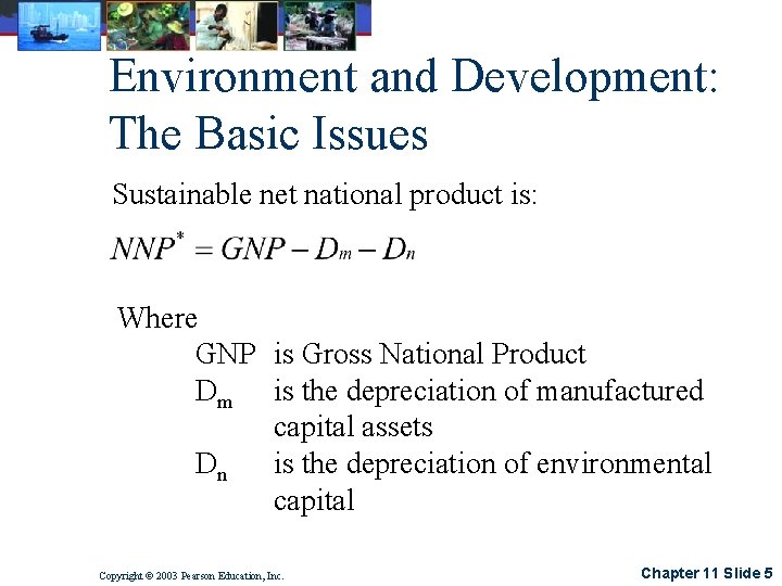 Environment and Development: The Basic Issues Sustainable net national product is: Where GNP is