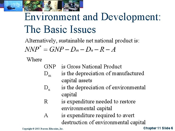 Environment and Development: The Basic Issues Alternatively, sustainable net national product is: Where GNP