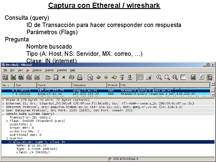 Captura con Ethereal / wireshark Consulta (query) ID de Transacción para hacer corresponder con