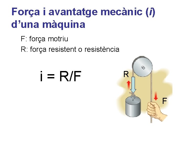 Força i avantatge mecànic (i) d’una màquina F: força motriu R: força resistent o