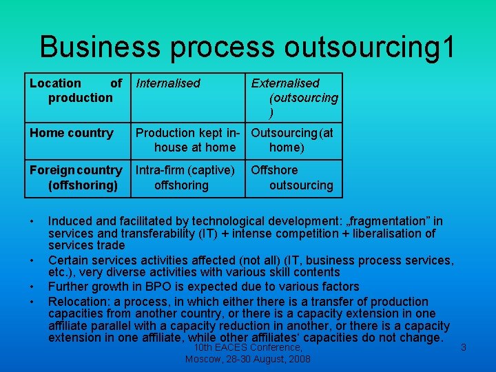 Business process outsourcing 1 Location of production Internalised Home country Production kept in- Outsourcing Business process outsourcing 1 Location of production Internalised Home country Production kept in- Outsourcing