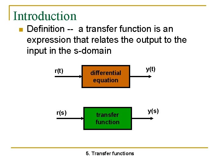 Introduction n Definition -- a transfer function is an expression that relates the output