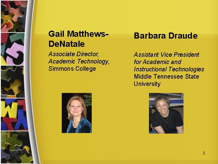 Gail Matthews. De. Natale Barbara Draude Associate Director, Academic Technology, Simmons College Assistant Vice