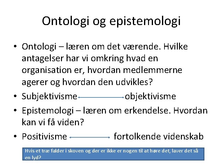 Ontologi og epistemologi • Ontologi – læren om det værende. Hvilke antagelser har vi