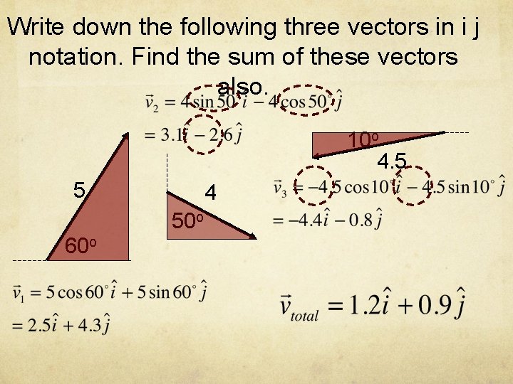 Write down the following three vectors in i j notation. Find the sum of