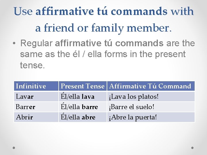 Use affirmative tú commands with a friend or family member. • Regular affirmative tú