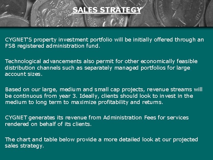 SALES STRATEGY CYGNET'S property investment portfolio will be initially offered through an FSB registered
