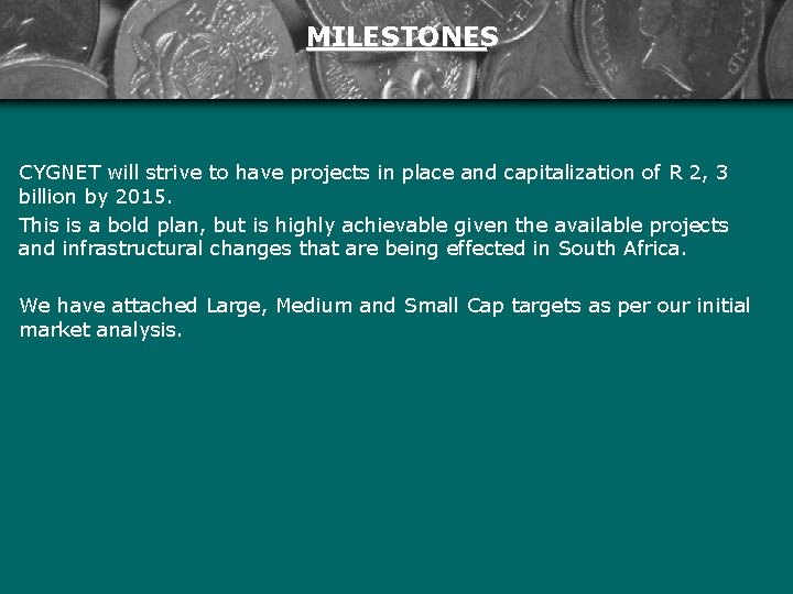 MILESTONES CYGNET will strive to have projects in place and capitalization of R 2,