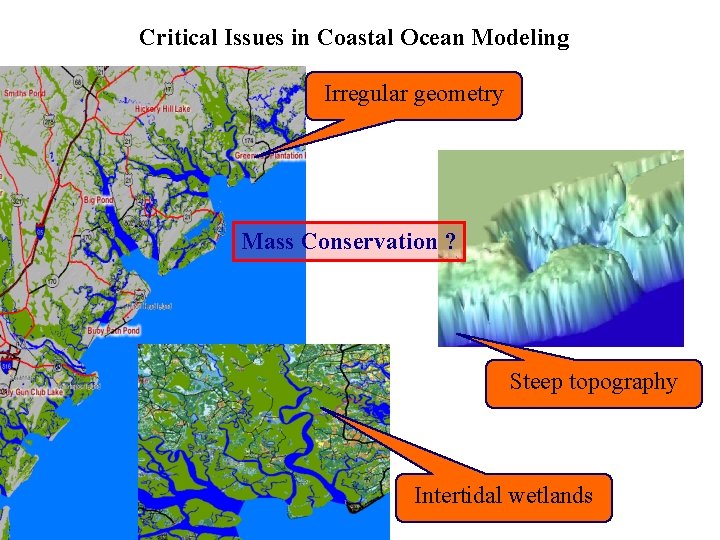 Critical Issues in Coastal Ocean Modeling Irregular geometry Mass Conservation ? Steep topography Intertidal