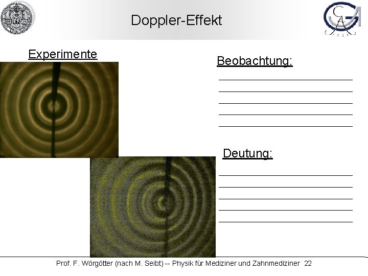 Doppler-Effekt Experimente Beobachtung: Deutung: Prof. F. Wörgötter (nach M. Seibt) -- Physik für Mediziner