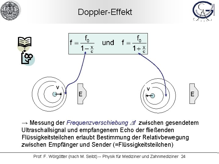 Doppler-Effekt v E → Messung der Frequenzverschiebung Df zwischen gesendetem Ultraschallsignal und empfangenem Echo