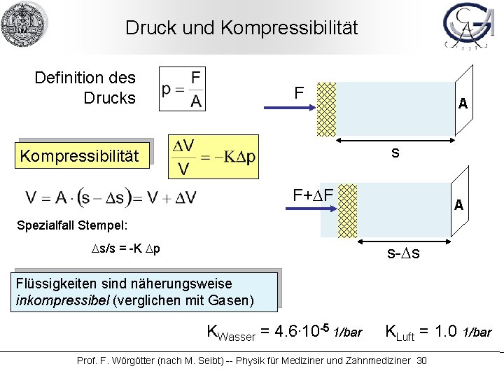 Druck und Kompressibilität Definition des Drucks F A s Kompressibilität F+DF A Spezialfall Stempel: