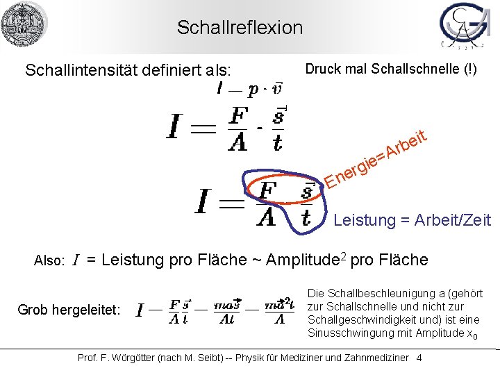 Schallreflexion Schallintensität definiert als: Druck mal Schallschnelle (!) it e b Ar = ie