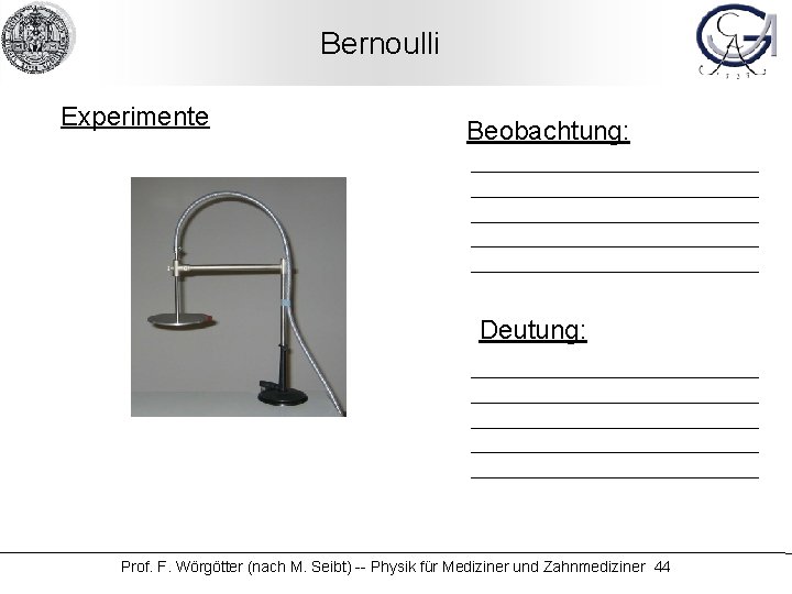 Bernoulli Experimente Beobachtung: Deutung: Prof. F. Wörgötter (nach M. Seibt) -- Physik für Mediziner