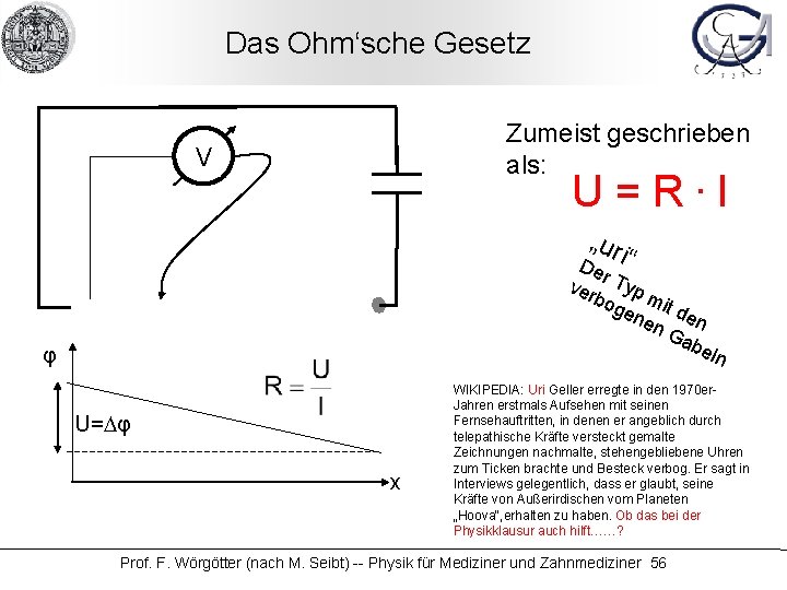 Das Ohm‘sche Gesetz Zumeist geschrieben als: V U=R. I „ur De i“ r ver