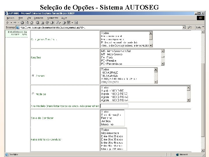 Seleção de Opções - Sistema AUTOSEG 