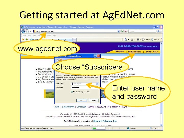 Getting started at Ag. Ed. Net. com www. agednet. com Choose “Subscribers” Enter user