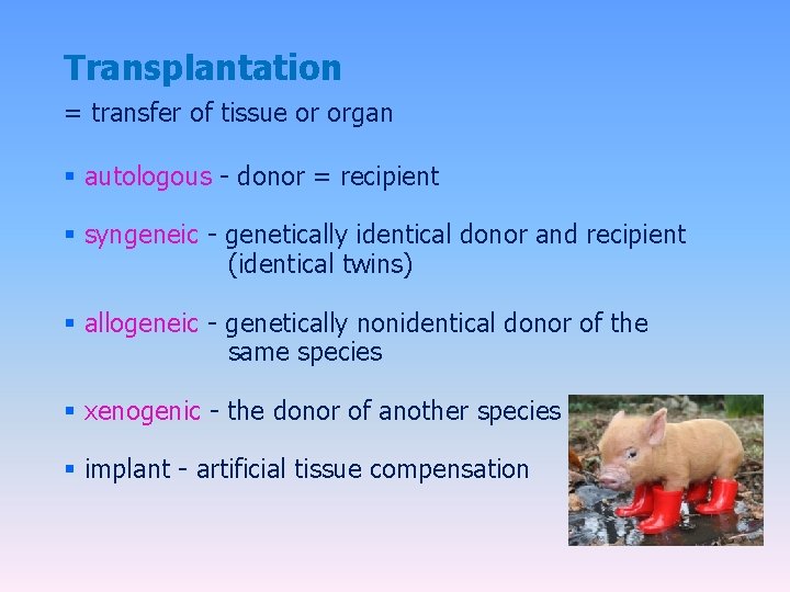 Transplantation = transfer of tissue or organ § autologous - donor = recipient §