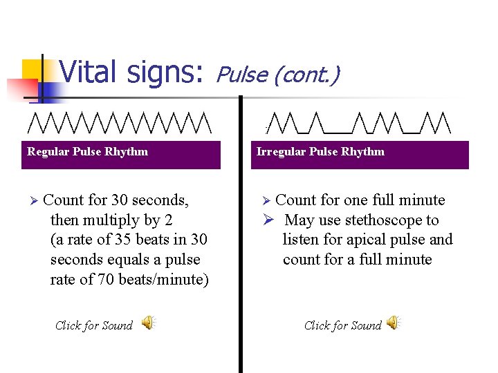 Vital signs: Regular Pulse Rhythm Ø Count for 30 seconds, then multiply by 2