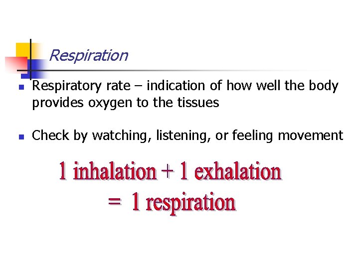 Respiration n n Respiratory rate – indication of how well the body provides oxygen