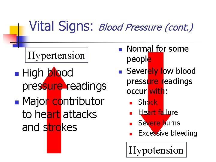 Vital Signs: Blood Pressure (cont. ) Hypertension High blood pressure readings n Major contributor