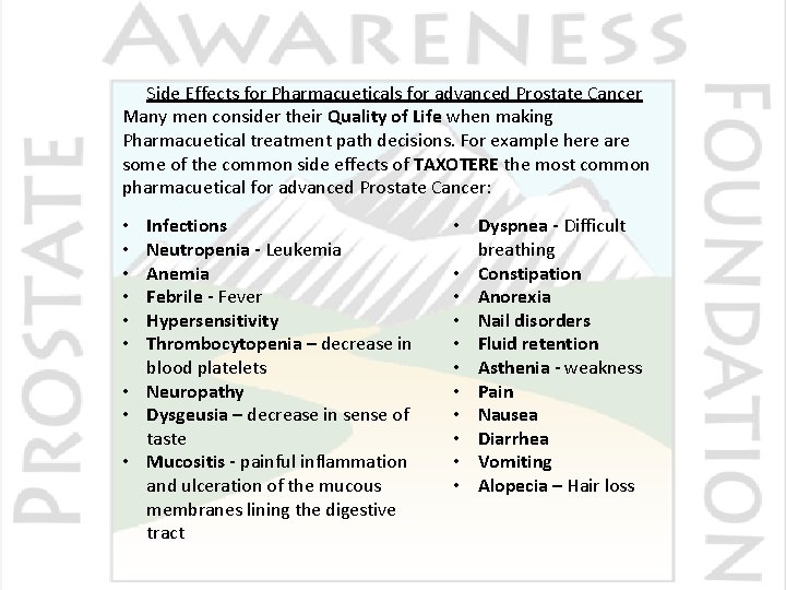 Side Effects for Pharmacueticals for advanced Prostate Cancer Many men consider their Quality of