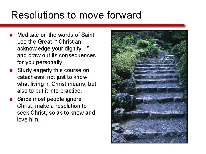Resolutions to move forward n n n Meditate on the words of Saint Leo
