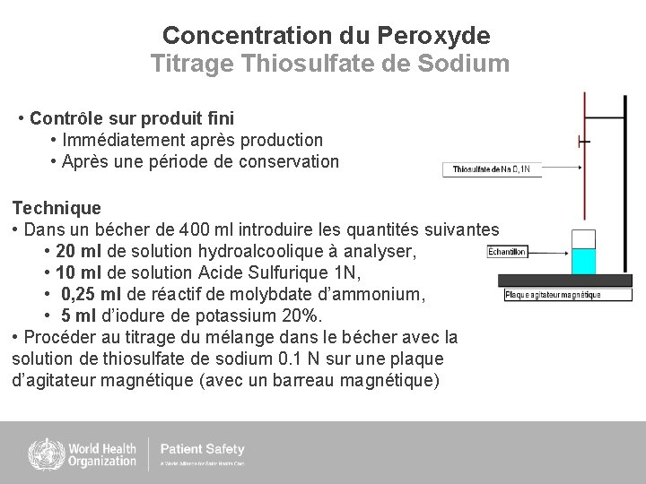 Concentration du Peroxyde Titrage Thiosulfate de Sodium • Contrôle sur produit fini • Immédiatement