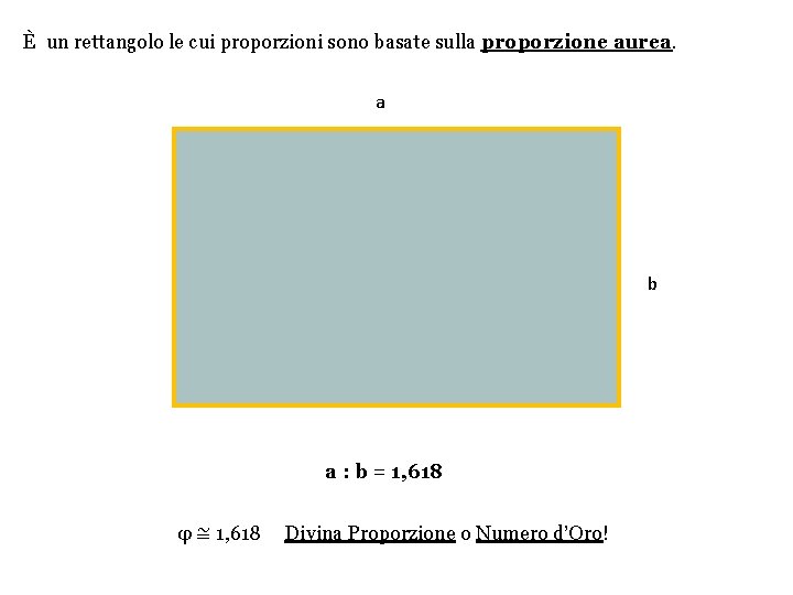 È un rettangolo le cui proporzioni sono basate sulla proporzione aurea. a b a