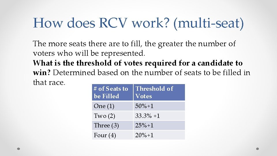 How does RCV work? (multi-seat) The more seats there are to fill, the greater