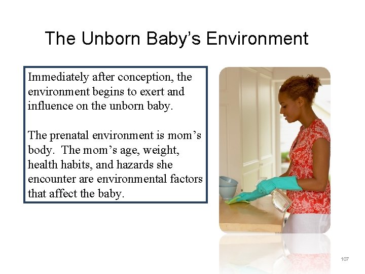 The Unborn Baby’s Environment Immediately after conception, the environment begins to exert and influence