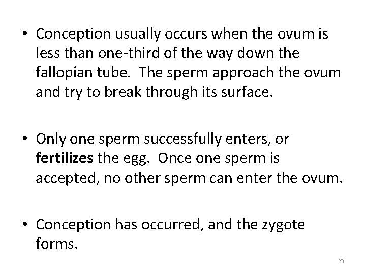 • Conception usually occurs when the ovum is less than one-third of the