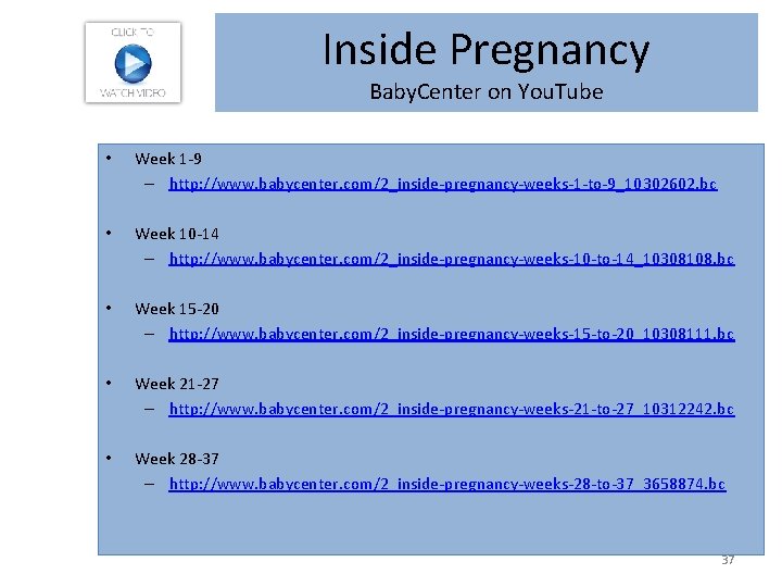 Inside Pregnancy Baby. Center on You. Tube • Week 1 -9 – http: //www.