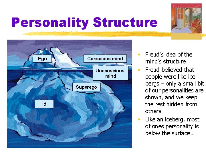 Personality Structure Ego Conscious mind Unconscious mind Superego Id § Freud’s idea of the