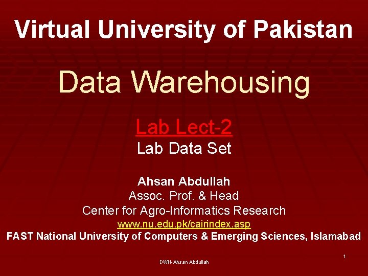 Virtual University of Pakistan Data Warehousing Lab Lect-2 Lab Data Set Ahsan Abdullah Assoc.