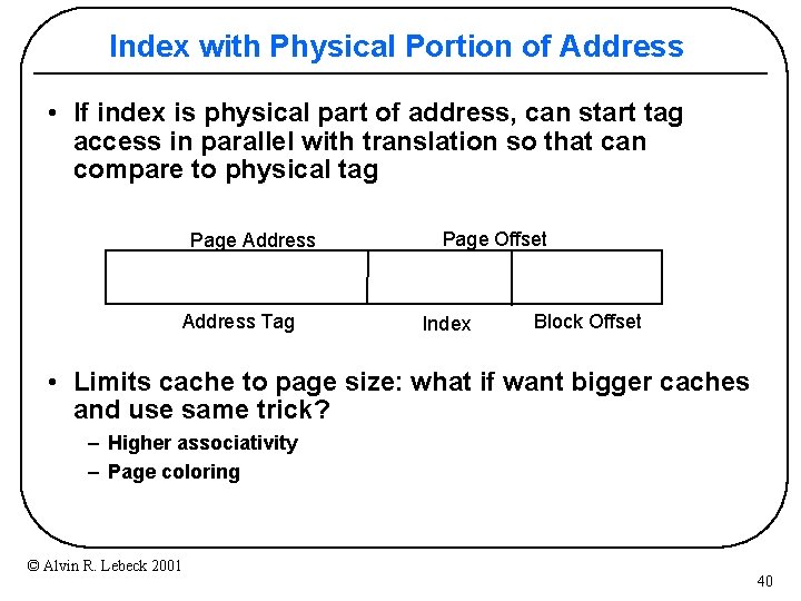 Index with Physical Portion of Address • If index is physical part of address,
