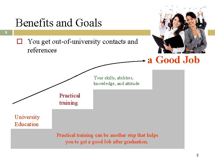 Benefits and Goals 8 You get out-of-university contacts and references a Good Job Your
