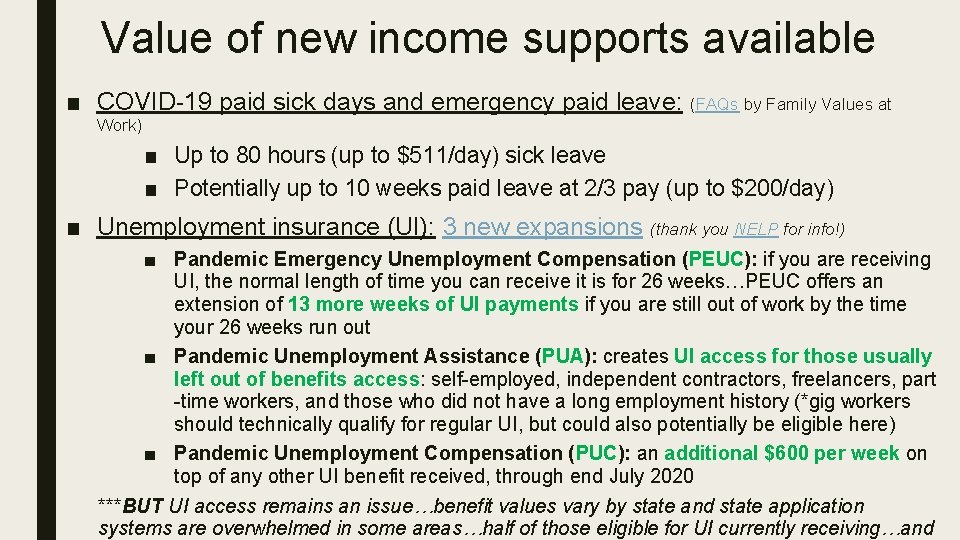 Value of new income supports available ■ COVID-19 paid sick days and emergency paid Value of new income supports available ■ COVID-19 paid sick days and emergency paid